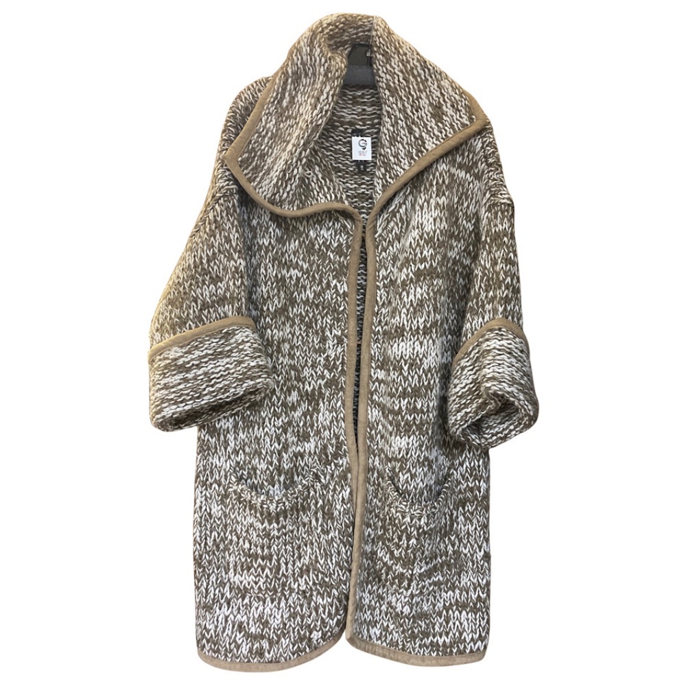 Marla Wynn cozy crochet sweater with suede leather trim 1X